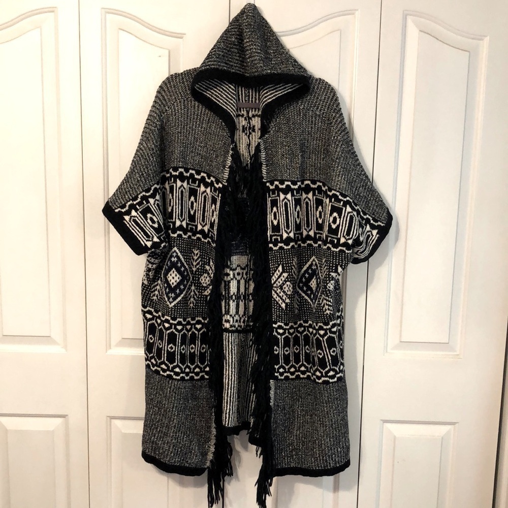 American Eagle Southwestern Aztec Fringe Hooded Oversized Long Cardigan OS